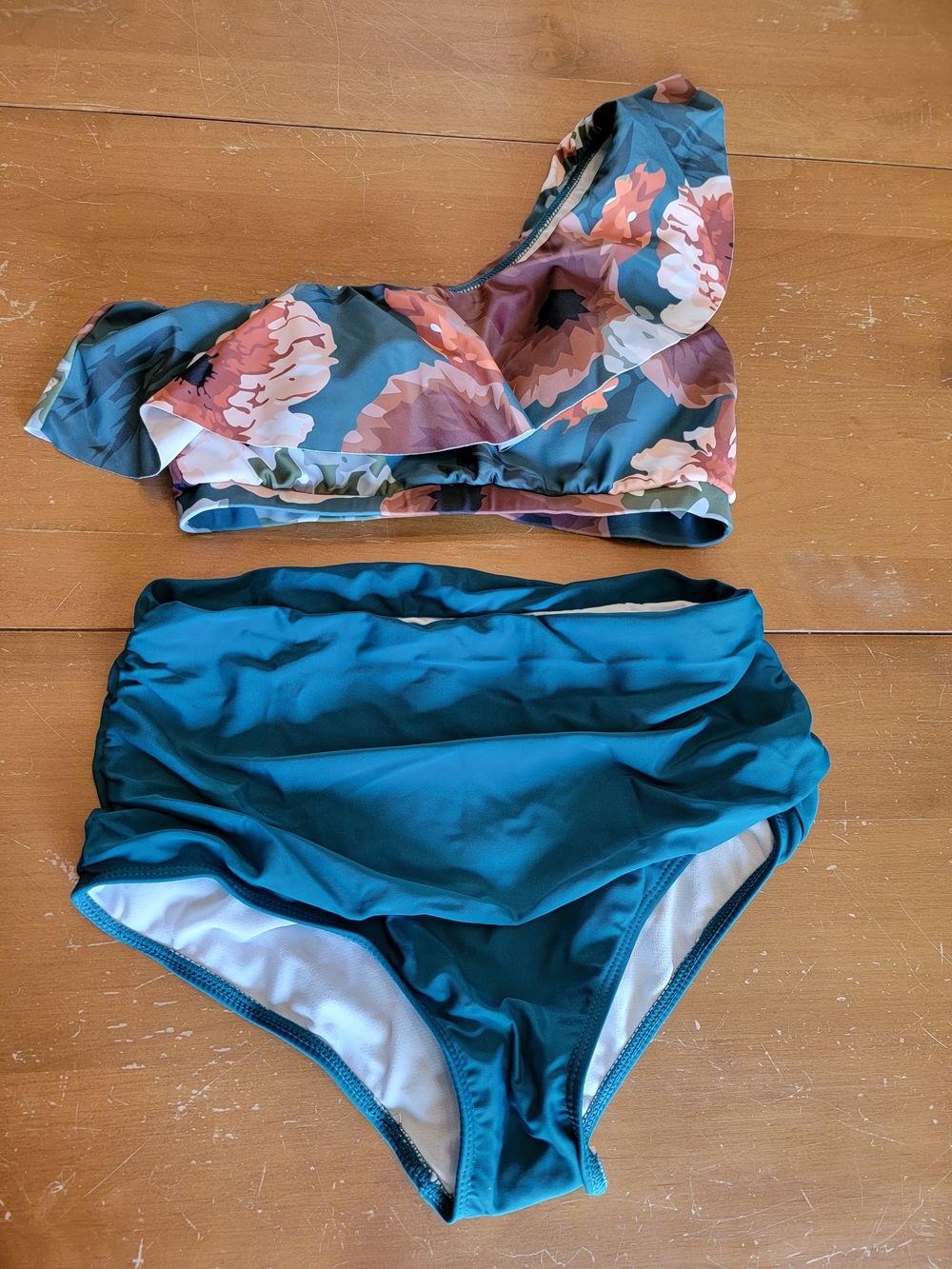 Women's Floral Print One Shoulder Two Pieces Bikini Swimsuit Ruffled High Waist - Picture 3 of 10